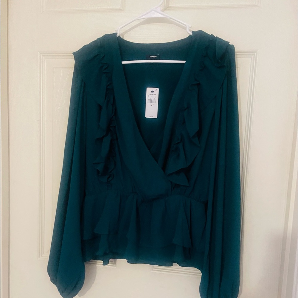 Express Teal Ruffle Wrap Peplum Blouse NWT - Picture 2 of 7